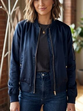 Ardene Navy Satin Bomber Jacket with Gold Zipper SZ. L